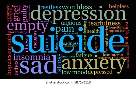 Suicide word cloud on a black background.