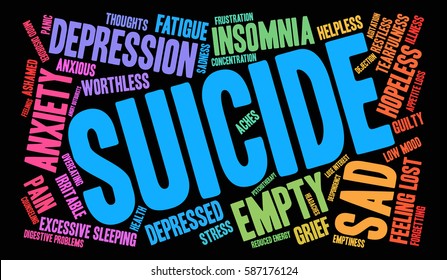 Suicide word cloud on a black background.