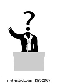 suit before a microphone and a question mark