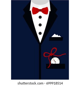 Suit with bow tie on postcard. Postcard tuxedo. Postcard for men. Father's Day. Also suitable for invitation card, business card. Vector illustration.
