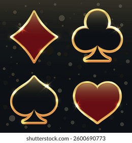 Suit Cards, Card Symbols, Bokeh Background, Casino, Golden Shine, Poker, Vector