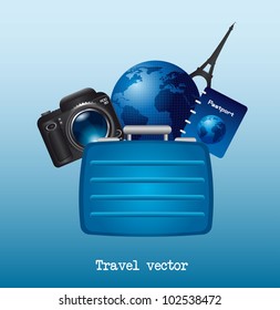 suit case, camera and world over blue background. vector