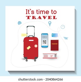 Suit case, passport, phone, bank card and boarding pass for traveling, set of items for traveling, traveling concept, flat vector illustration