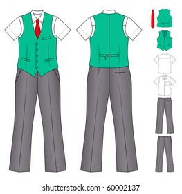 The suit of the cashier or seller (waistcoat, shirt, tie, trousers) isolated on white.