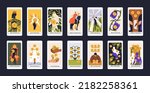 Suit of Coins in occult tarot cards deck. Minor arcanas designs set with Ace, Knight, King, Queen, Page of Pentacles signs and symbols in modern style. Isolated colored flat vector illustrations