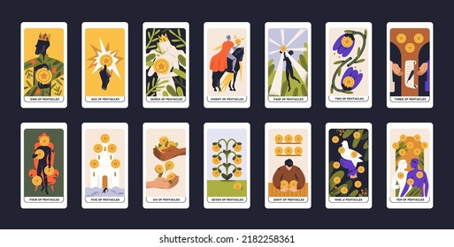 Suit of Coins in occult tarot cards deck. Minor arcanas designs set with Ace, Knight, King, Queen, Page of Pentacles signs and symbols in modern style. Isolated colored flat vector illustrations