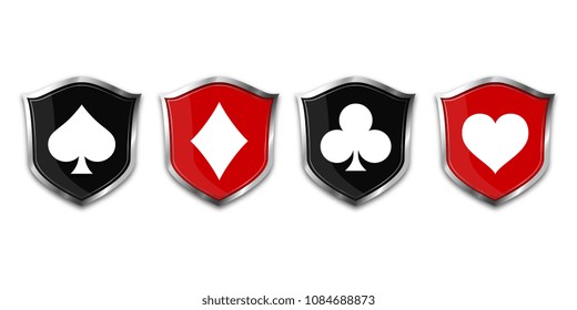 Suit deck of cards on shield. Vector illustration.