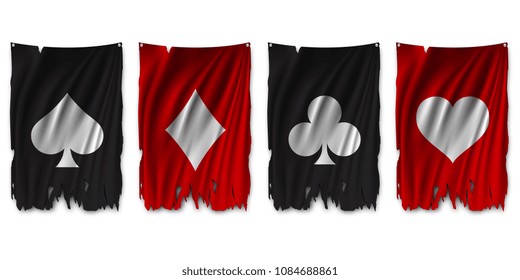 Suit deck of cards on torn flag. Vector illustration.