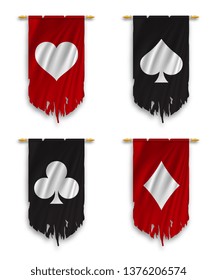 Suit Deck Of Cards On Torn Flag. Vector Illustration.