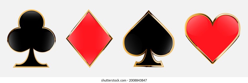 Suit deck of playing cards with golden outline. Design for playing poker and casino. Vector illustration isolated on white background