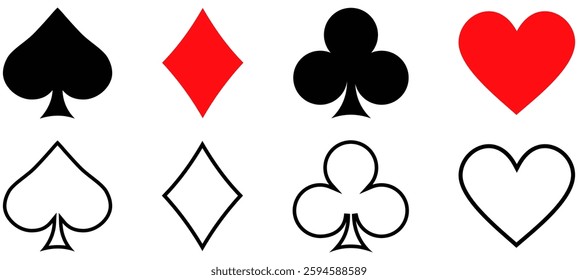 Suit deck of playing cards on white background. Vector icon set. Cards symbols. Diamonds hearts clubs spades symbol or sign set