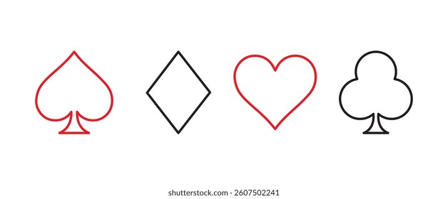 Suit deck of playing cards on white background. Vector icon set. Cards symbols. Diamonds, hearts, clubs, spades symbol or sign set.
