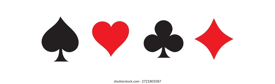 Anzugdeck aus Spielkarten auf weißem Hintergrund. Vektorsymbol-Set. Kartensymbole. Diamanten, Herzen, Kreuze, Pik-Symbole oder Schilder.