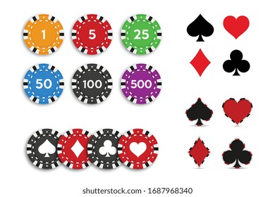 Suit deck of playing cards and set poker chips isolated on white background. Vector illustration.