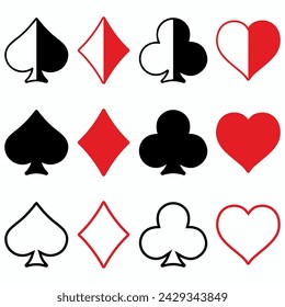 Suit deck of playing cards. Vector illustration with four suits, presented in three variations.