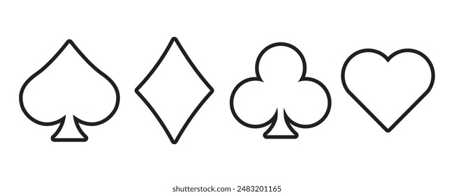 Suit deck of playing outline cards on white background. Hearts diamonds clubs spades sign chips. Vector illustration.