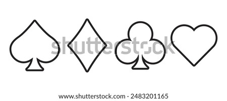 Suit deck of playing outline cards on white background. Hearts diamonds clubs spades sign chips. Vector illustration.