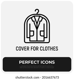Suit from dry cleaning thin line icon, dust cover for clothing. Garment cover. Symbol of laundry. Modern vector illustration.