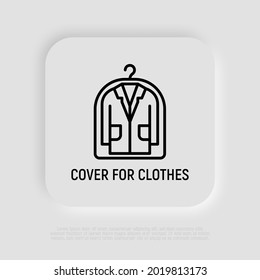Icono de la línea delgada de limpieza en seco, cubierta de polvo para ropa. Cubierta. Símbolo de lavandería. Ilustración vectorial moderna.