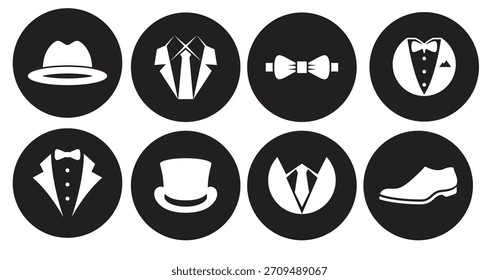 Conjunto de iconos de elementos de traje blanco sobre un fondo negro 