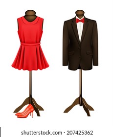 Un traje y un vestido formal de maniquíes con tacones altos rojos. Vector. 