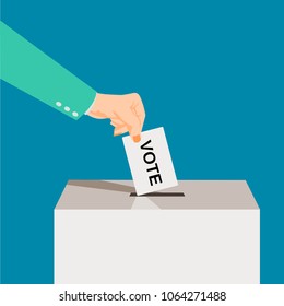 Suit Hand puts voting ballot in ballot box. Presidential Voting and election concept. Make a choice image. Vote illustration. 