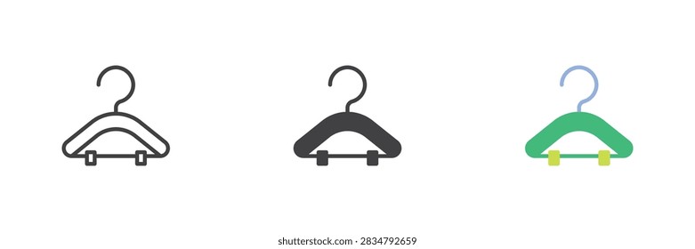 Suit hanger icon in line, solid, flat colorful vector styles. Suit hanger icon shows hook, shoulder frame and clips, color sign and clothing symbol.