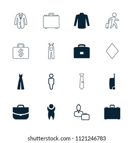 Suit icon. collection of 16 suit filled and outline icons such as sweater, jumpsuit, case, man, suitcase, woman consultant with case. editable suit icons for web and mobile.