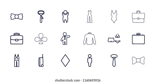 Suit icon. collection of 18 suit outline icons such as man, diamonds, tie, jumpsuit, businessman, bow tie, case, swimsuit, clubs. editable suit icons for web and mobile.