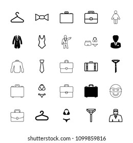 Suit icon. collection of 25 suit filled and outline icons such as hanger, jacket, businessman, swimsuit, security guy, tie, bow tie. editable suit icons for web and mobile.