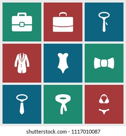 Suit icon. collection of 9 suit filled icons such as tie, jacket, swimsuit, case. editable suit icons for web and mobile.