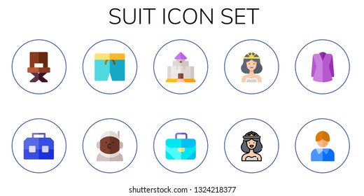 suit icon set. 10 flat suit icons.  Simple modern icons about  - director, case, swimsuit, astronaut, medieval, briefcase, bride, jacket, businessman