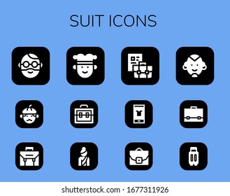 conjunto de iconos de palo. 12 iconos de traje rellenos.  Iconos modernos sencillos, como: Hombre, Maletín, Bromista, Maleta, Mujer, Moda, Caso