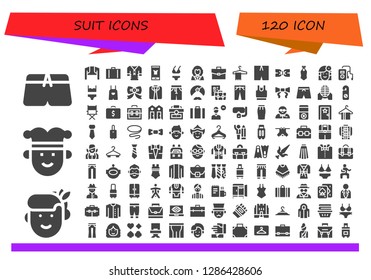  suit icon set. 120 filled suit icons. Simple modern icons about  - Swimsuit, Woman, Joker, Bolero, Suitcase, Clothes, Fashion, Bikini, George washington, Briefcase, Hanger, Bow tie