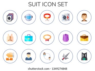 suit icon set. 15 flat suit icons.  Simple modern icons about  - playing cards, astronaut, briefcase, collar, jacket, man, martial arts, businessman, shorts