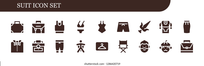  suit icon set. 18 filled suit icons. Simple modern icons about  - Suitcase, Briefcase, Clothes, Bikini, Swimsuit, Martial arts, Tunic, Skirt, Bow tie, Pants, Wingsuit, Hanger