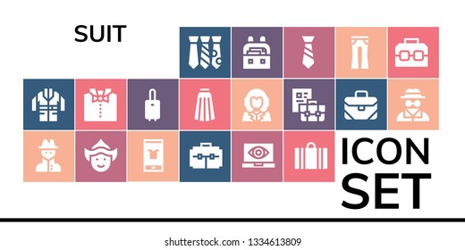 suit icon set. 19 filled suit icons.  Collection Of - Tie, Jacket, Spy, Woman, Fashion, Suitcase, Bow tie, Skirt, George washington, Briefcase, Invisible man, Case, Jeans