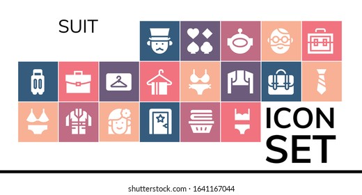 suit icon set. 19 filled suit icons. Included Gentleman, Suitcase, Swimsuit, Jacket, Woman, Dressing room, Clothes, Bikini, Briefcase, Hanger, Bolero, Tie, Poker, Aqualung icons