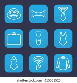 Suit icon. set of 9 outline suit icons such as sweater, bow tie, tie, case, swimsuit, ninja