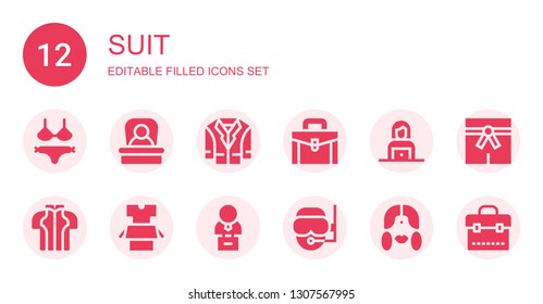 suit icon set. Collection of 12 filled suit icons included Bikini, Boss, Jacket, Briefcase, Woman, Clothes, Bust, Diver, Martial arts