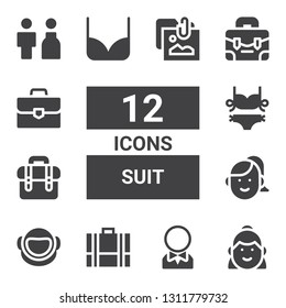 suit icon set. Collection of 12 filled suit icons included Woman, Groom, Briefcase, Astronaut, Bikini, Bride, Portfolio