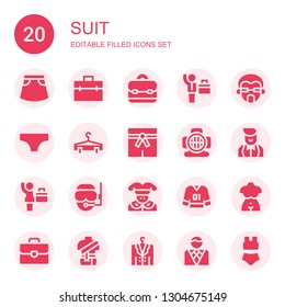 suit icon set. Collection of 20 filled suit icons included Skirt, Briefcase, Businessman, Man, Bikini, Hanger, Martial arts, Aqualung, Croupier, Businesswoman, Diver, Joker, Clothes