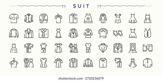 Conjunto de iconos de traje. Iconos para el diseño de la interfaz de usuario. Colección de ícono de ropa. Contiene artículos relacionados con textiles, telas, ropa, prendas de vestir, camisas y más.