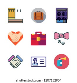 suit icon set. vector set about hanger, briefcase, bow tie and handshake icons set.