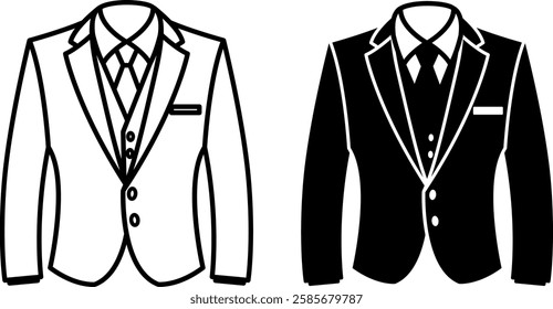 Suit Icons. Black and White Vector Designs. Jacket, Shirt, Tie and Vest. Classic Men's Suit for Formal Occasions. Clothing Concept
