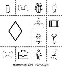Suit icons. set of 13 editable outline suit icons such as man with luggage, diamonds, tie, man, case, jacket, swimsuit, suitcase, security guy