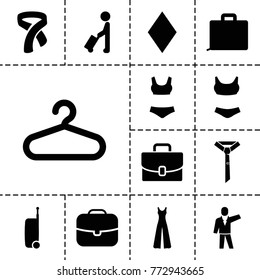 Suit icons. set of 13 editable filled suit icons such as man with luggage, hanger, diamonds, jumpsuit, case, swim suit, suitcase, tie