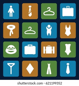 Suit icons set. set of 16 suit filled icons such as hanger, Diamonds, swimsuit, tie, jumpsuit, ninja, case, suitcase, man