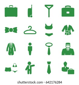 Suit icons set. set of 16 suit filled icons such as man, security guy, tie, businessman, bow tie, case, hanger, jacket, swimsuit, woman consultant with case, kimono, suitcase