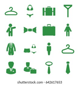 Suit icons set. set of 16 suit filled icons such as hanger, man, tie, bow tie, businessman, case, jacket, swimsuit, male consultant   with case
